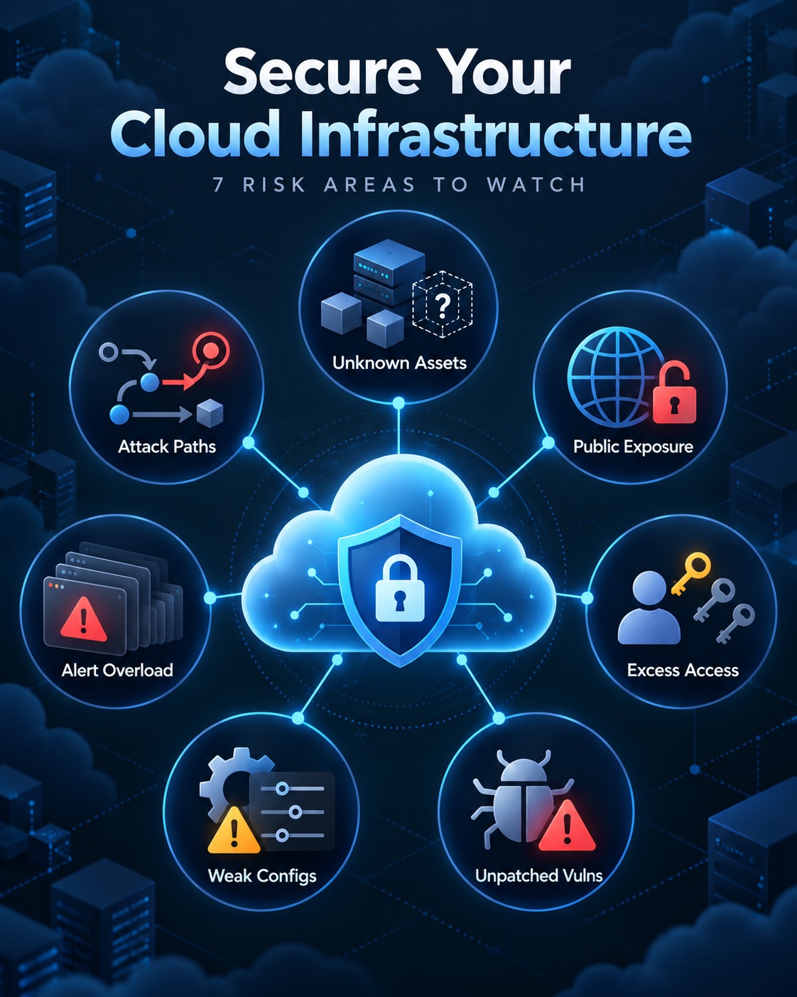 Secure your cloud infrastructure: seven risk areas to watch around a protected cloud: unknown assets, public exposure, excess access, unpatched vulnerabilities, weak configurations, alert overload and attack paths