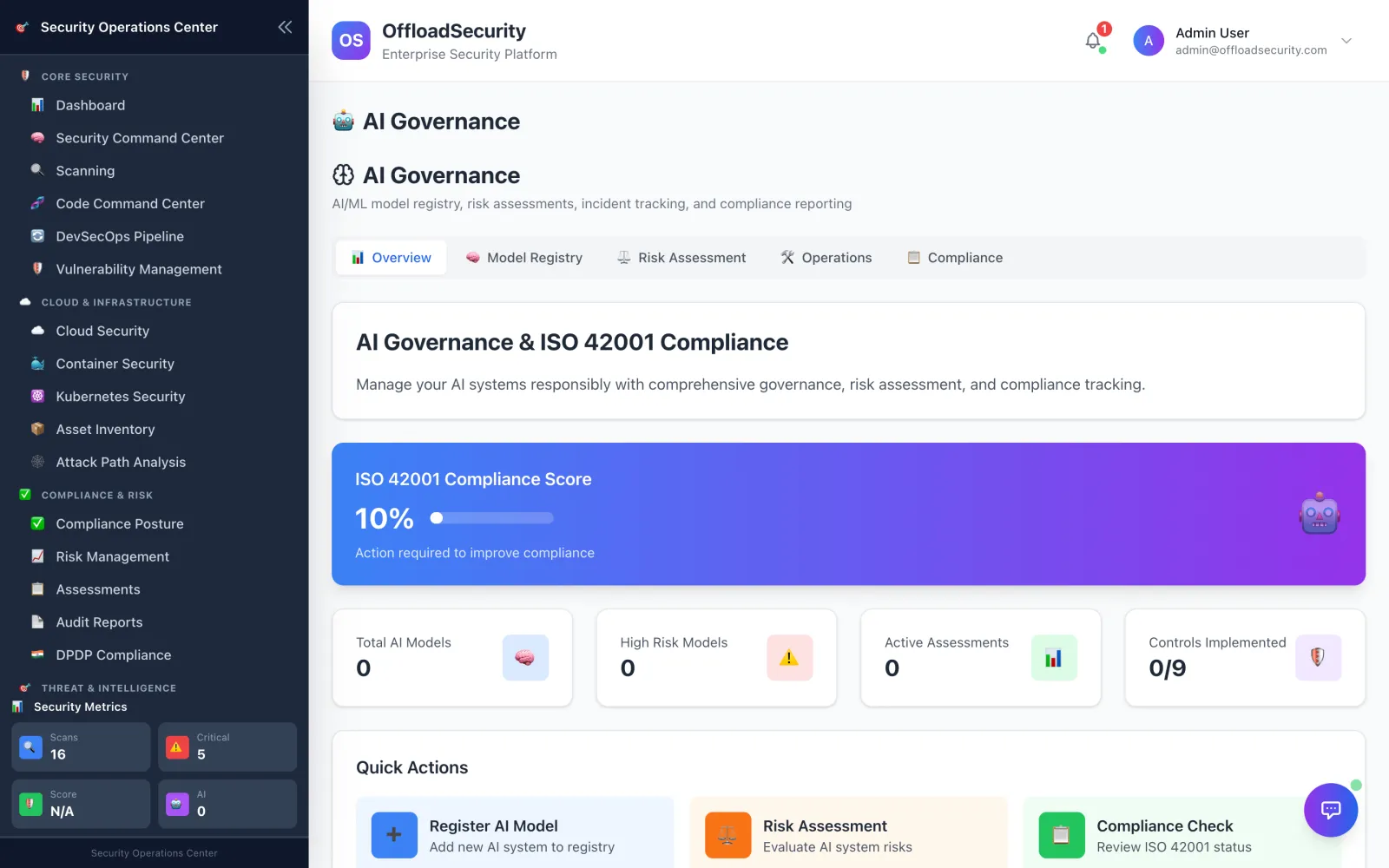 Offload Security — AI Governance. Inventory AI systems, classify them against EU AI Act tiers and NIST AI RMF, and run AI-SPM discovery and prompt-injection testing.