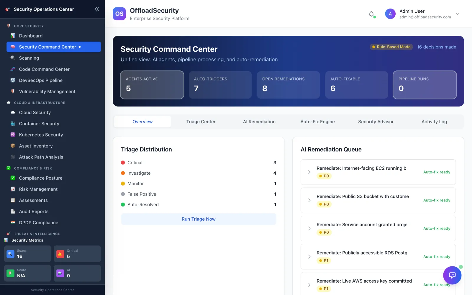 Offload Security — AI SecOps. AI-assisted triage, remediation guidance and plain-language answers over your own security data.