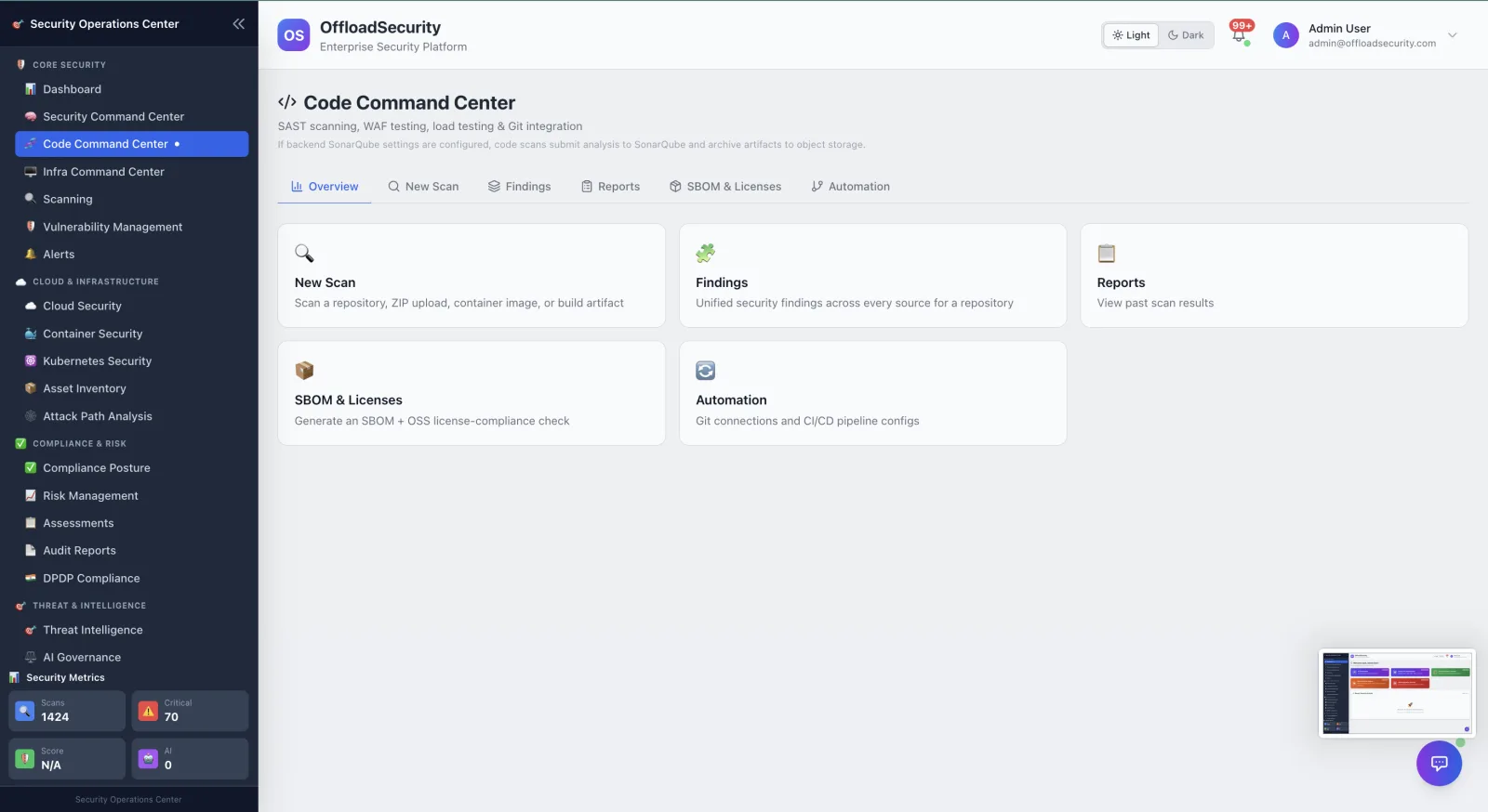 Offload Security — Code Security. SAST, dependencies, secrets and IaC on every repository — with in-context code excerpts and deterministic release gates.
