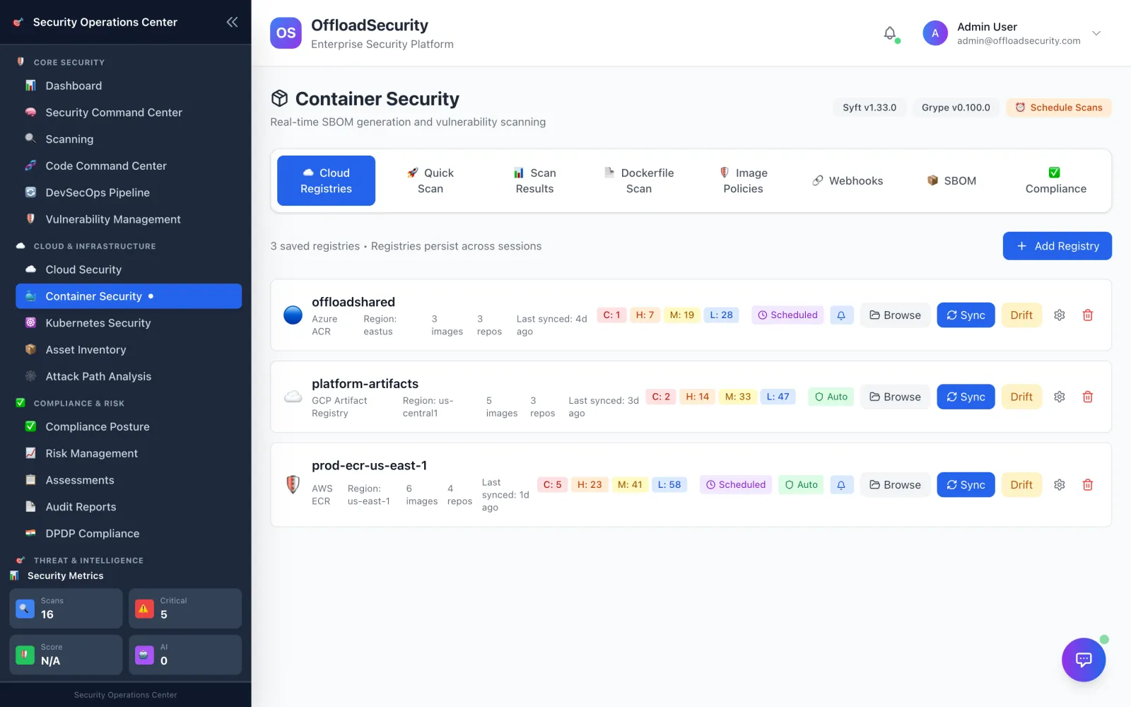 Offload Security — Containers. Image vulnerabilities, SBOMs, signature verification and embedded secrets — caught before images ship.