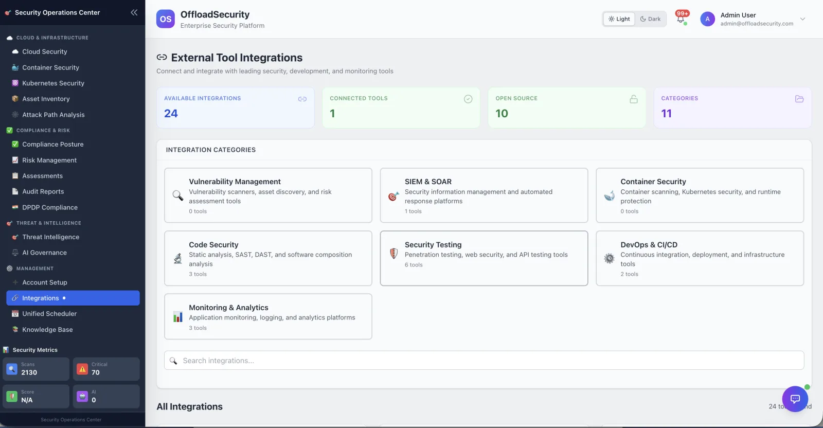 Offload Security — Integrations & SIEM. Connect the tools you already run — Wazuh SIEM, SonarQube, Jira and more — into one correlated data layer.