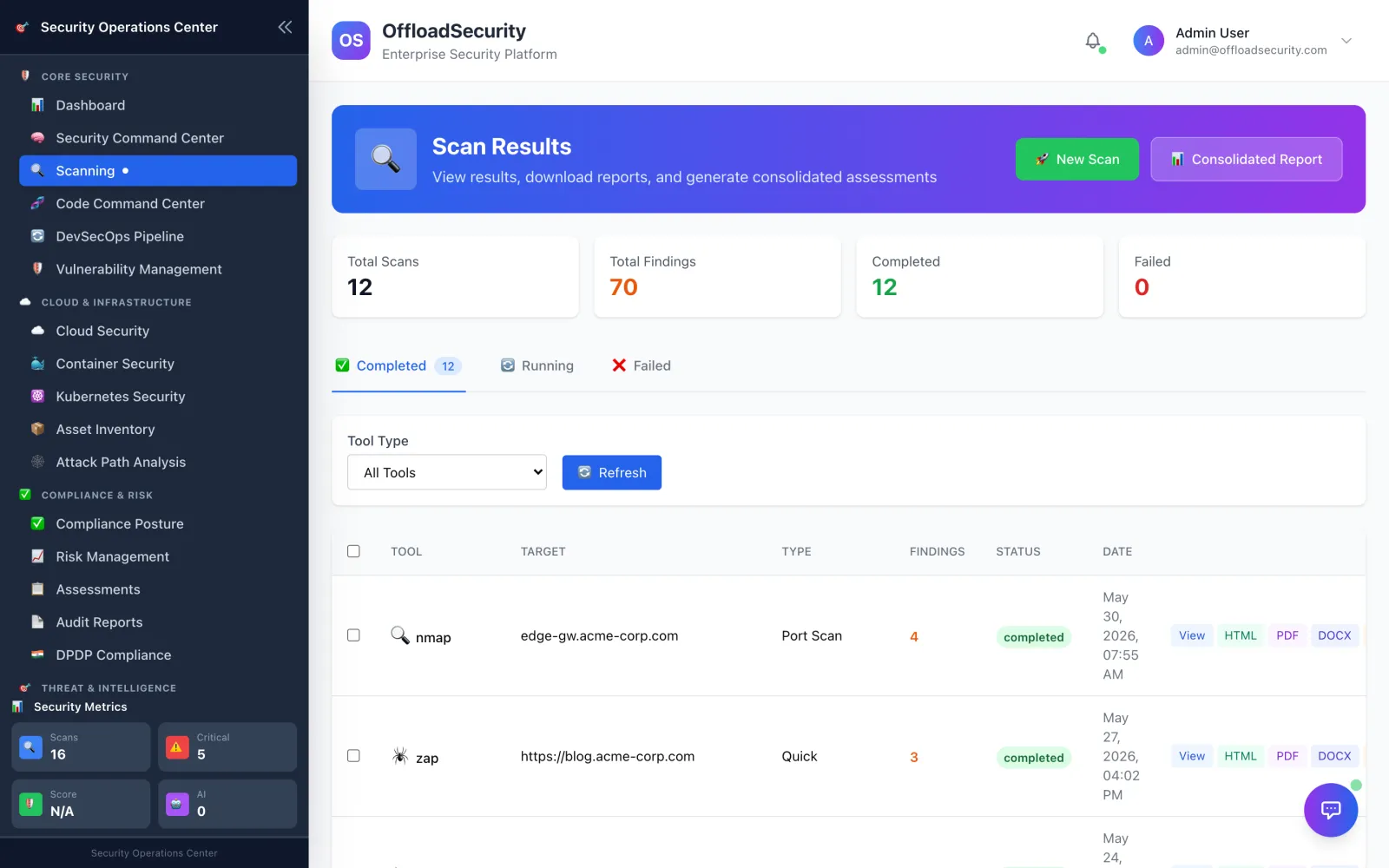 Offload Security — Scan & Report. Orchestrate proven scanners across every target, then generate executive, technical and audit reports from one result model.